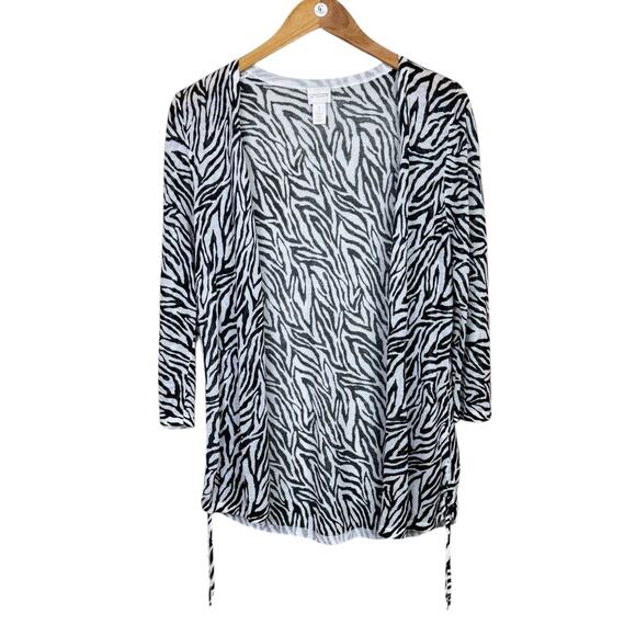 Chico’s 1 Rita Side Ruched Zebra Thin Knit Lightweight Open Layering Cardigan - Picture 11 of 16